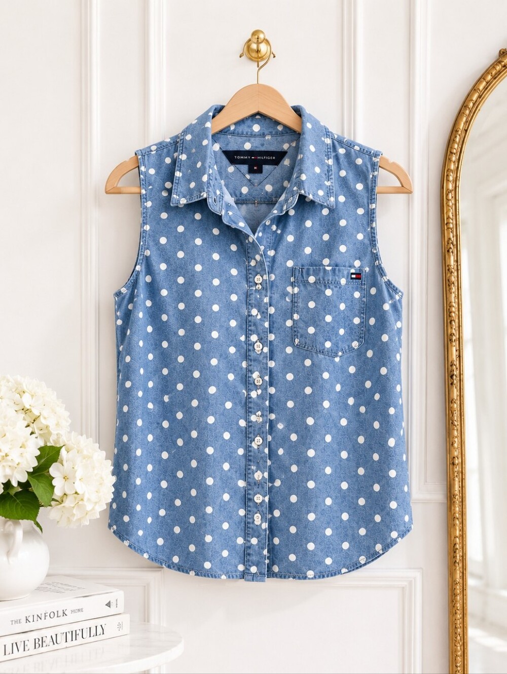 Tommy Hilfiger Blue White Polka Dot Sleeveless Button-Up Blouse XL Preppy Cotton - Picture 5 of 8
